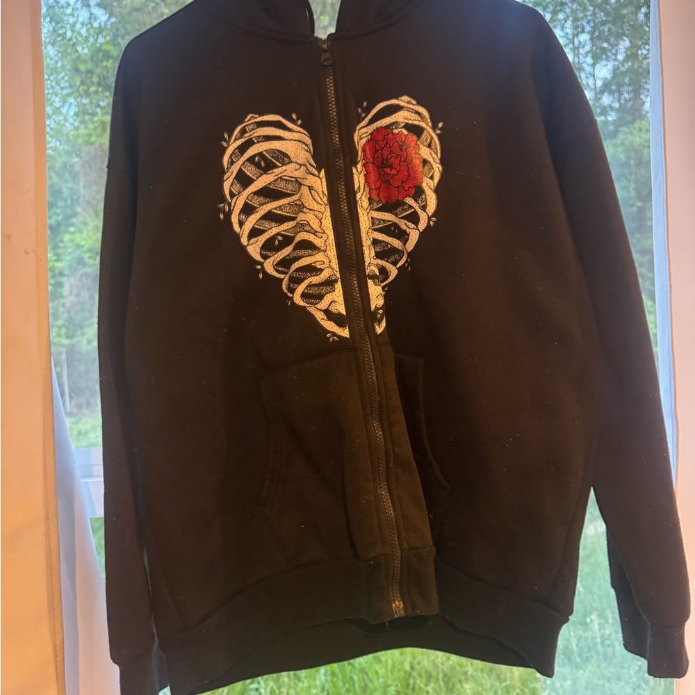 Black Hoodie with Heart Skeleton and Red Rose Design